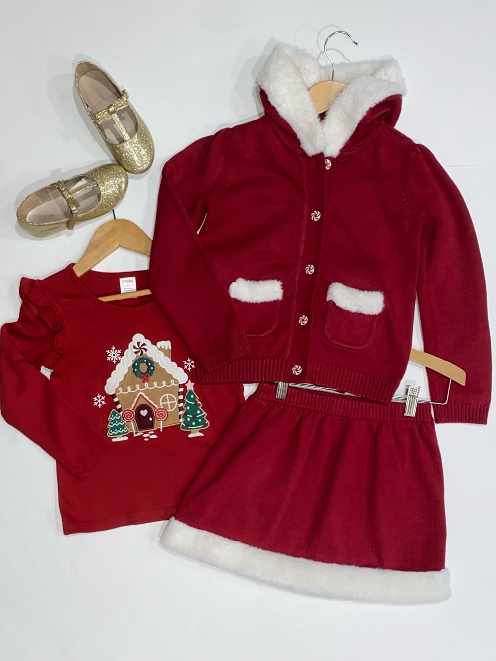 Gymboree Girls 3-Piece Christmas Skirt Set: Hooded Cardigan, Skirt, Top Size 5T